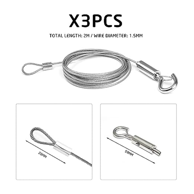 3 Stainless Steel Adjustable Lanyards Clothesline with Hooks Hanging Line  for Picture Frame Planter(Single Hook) Durable Easy Install Easy to Use
