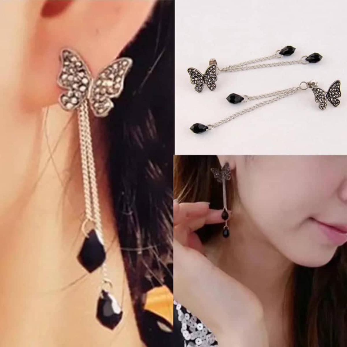 Earrings With Butterfly Crystal Water Drop Long Tassel For Girls & Woman - Pair
