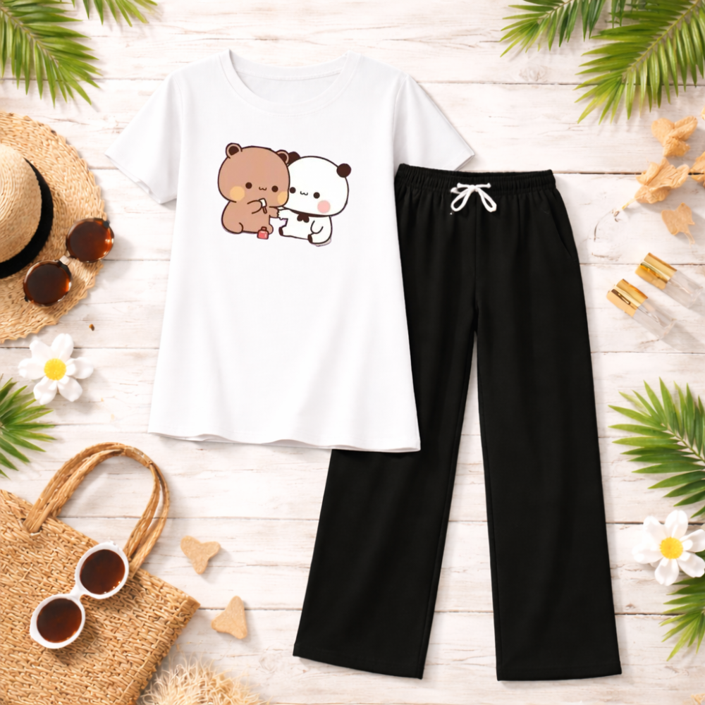 MK Garments - Bubu Dudu Printed Girls 2 Pcs Set Soft Jersey Half Sleeves T-Shirt & Black Trouser Comfortable Sleepwear Nightwear Casual Home Wear for Girls