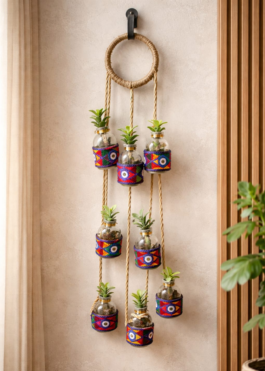 Set of 4 bottles with color full rope Wall Hanging Mini Glass Bottles With Rope For Wall Decor 3 design available