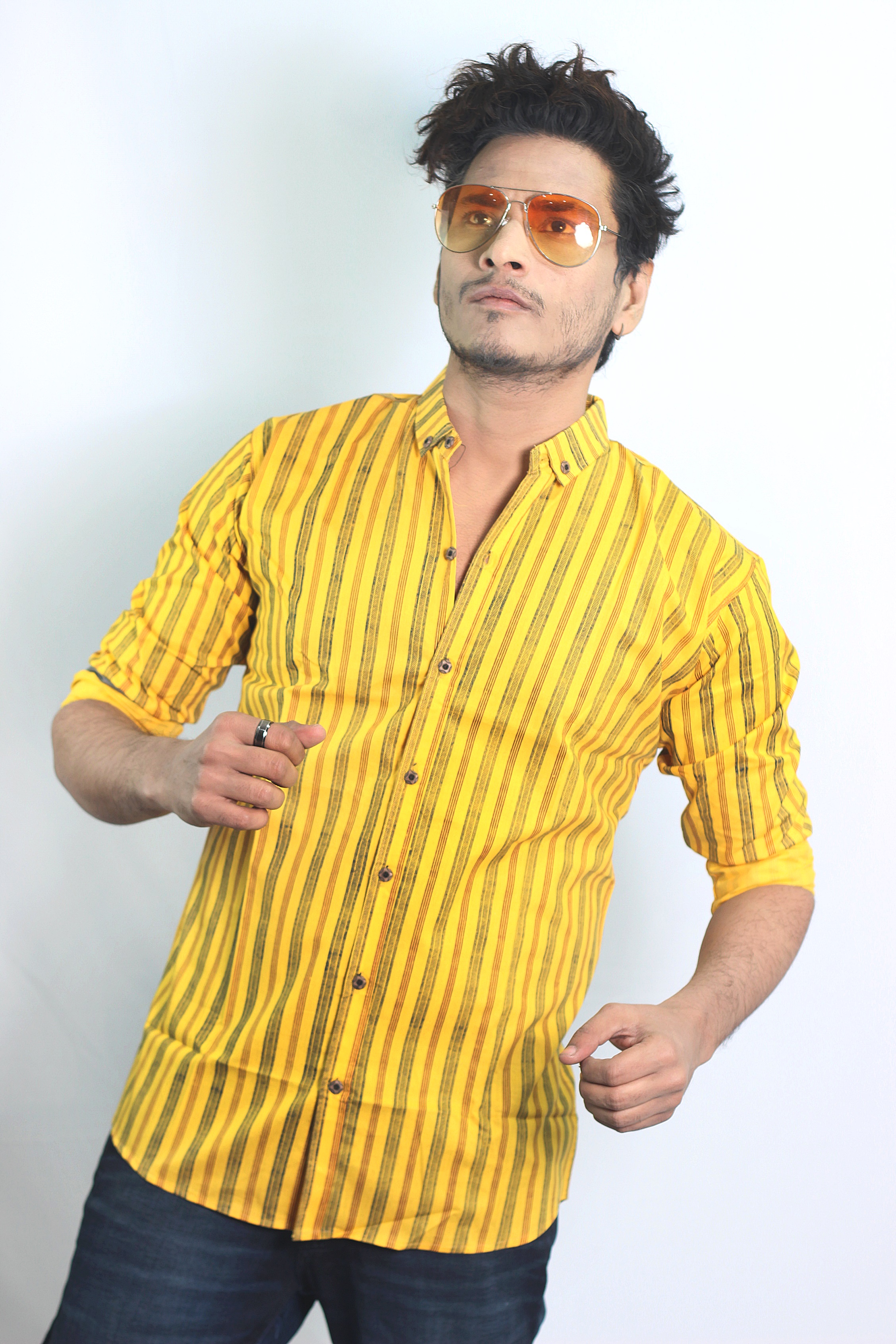 Auditors®️ Mens Semi-Formal Cotton Stripe Shirt Yellow Colour 100% Pure Cotton Fabric For Year-Round - Code AMS-100