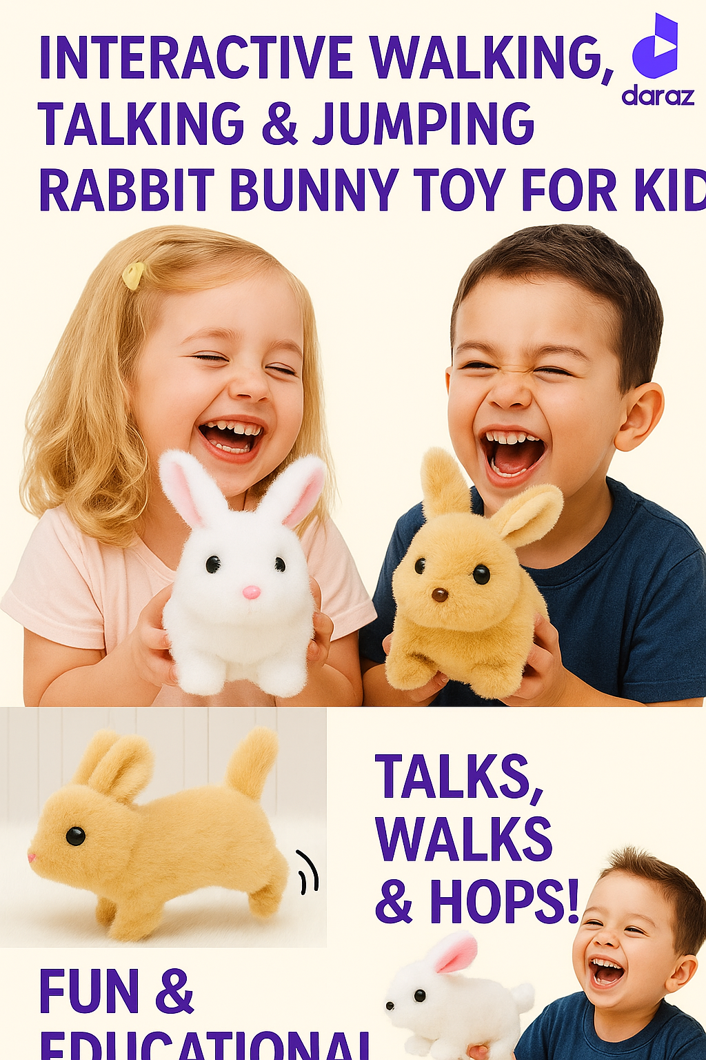 Interactive Plush Walking Talking Rabbit Toy with Sounds and Lights | Battery Operated Bunny Pet Toy for Kids | Soft Plush Hopping Rabbit with Wiggling Ears and Twitching Nose | Educational Unisex Gift Toy for Toddlers