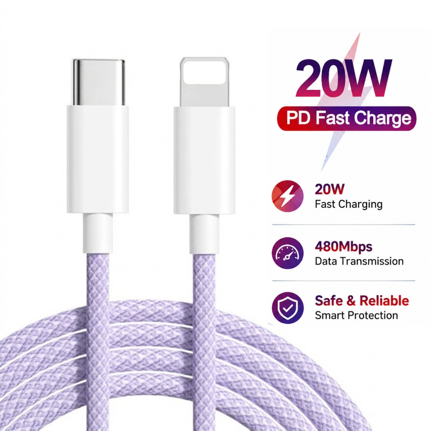 20W PD C to Lightning Fast Charging Braided Colorful Cable Compatible with all Type C to Lightning Mobiles and C to Light Cable Devices