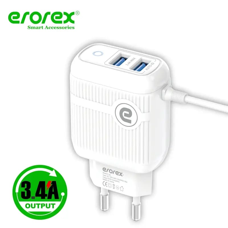 Erorex High Quality Charger, C-06 (3.4 Ampere) Dual USB Port & Type-C Cable Pin_Erorex Charger
