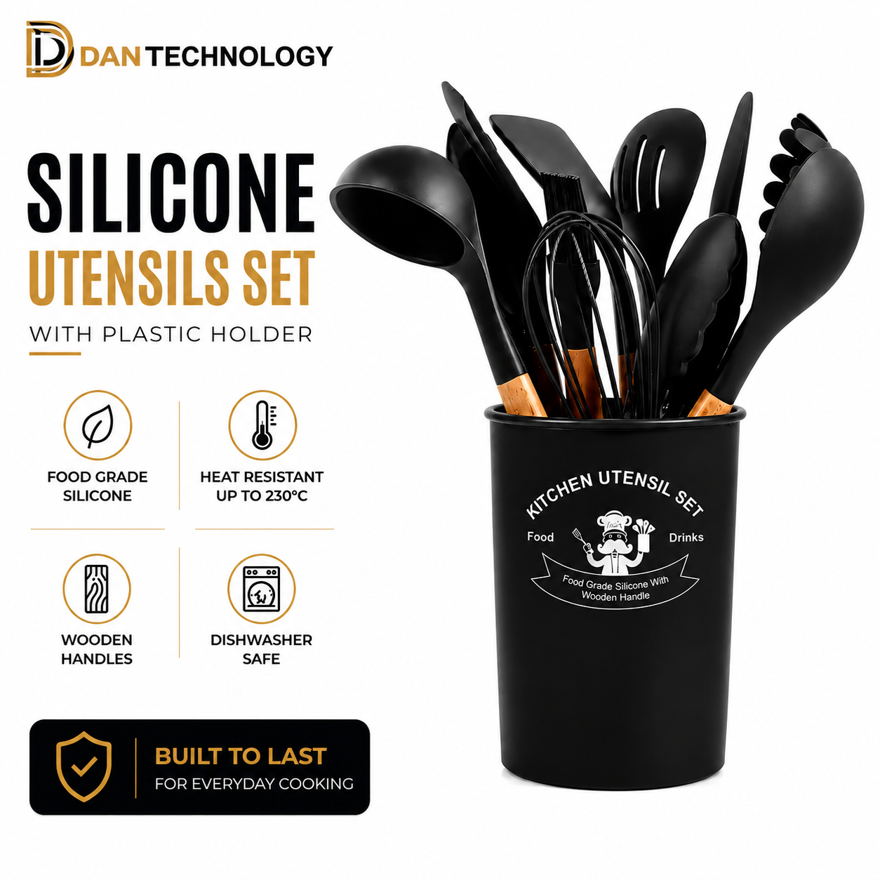 DAN 12PCS Silicone Kitchen Utensils Set Wooden Handle