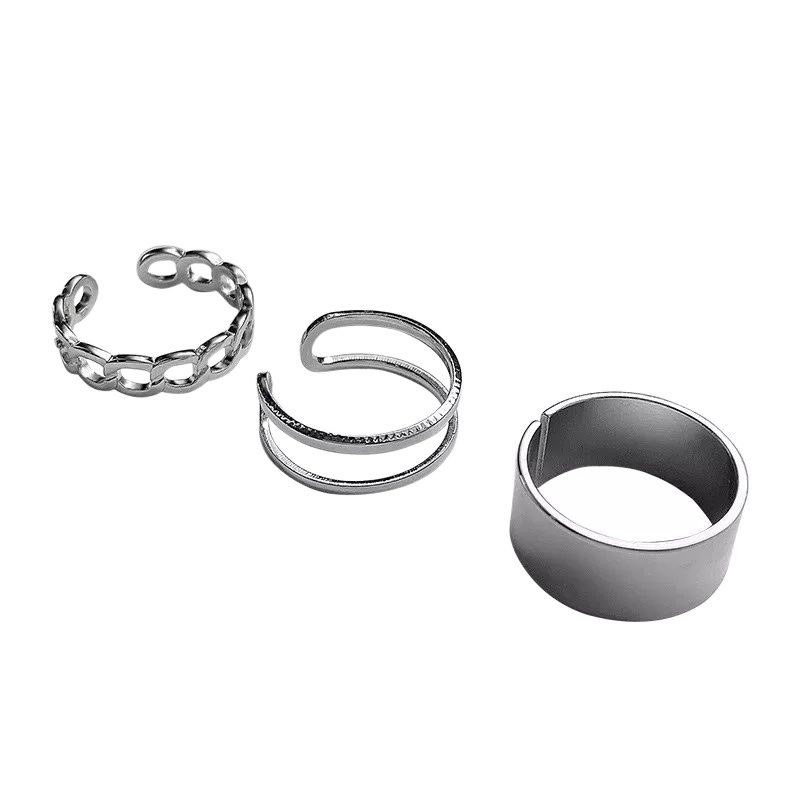 Pack of 3 Silver Rings For Girls Rings For Girlfriend Stylish Geometric Chain Design Adjustable Ring Set High quality Rings