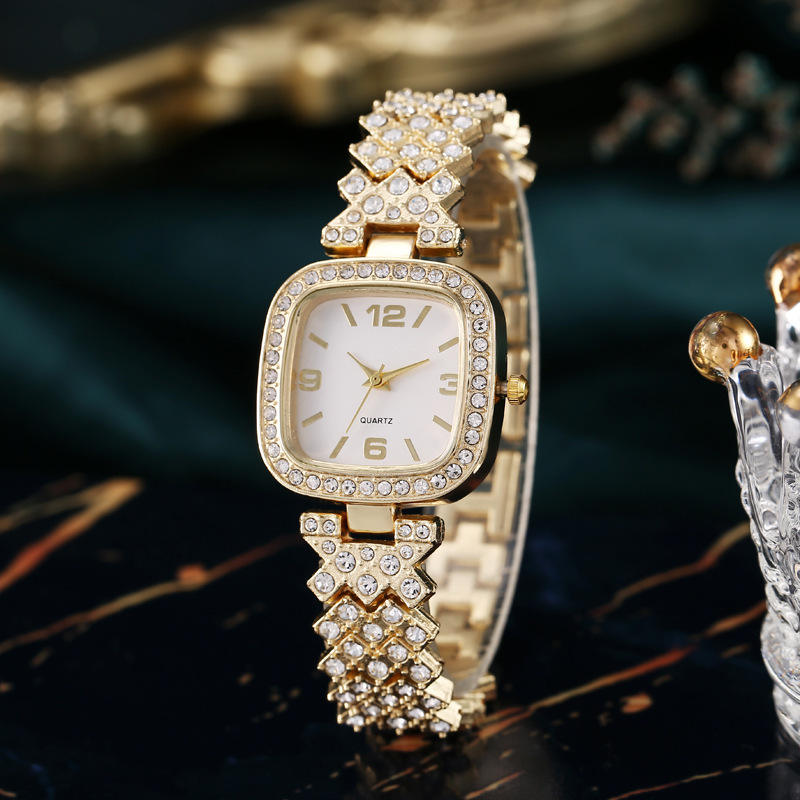 Luxury Rhinestone Women’s Watch Set – Round Dial with Stainless Steel Crystal Chain Strap & Bracelet (2 PCS Gift Set)