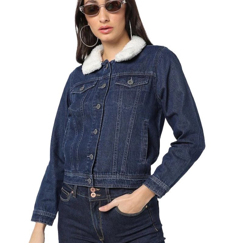 Classic Navy Denim Jacket with Sherpa Collar for Women - Sizes S/XXL