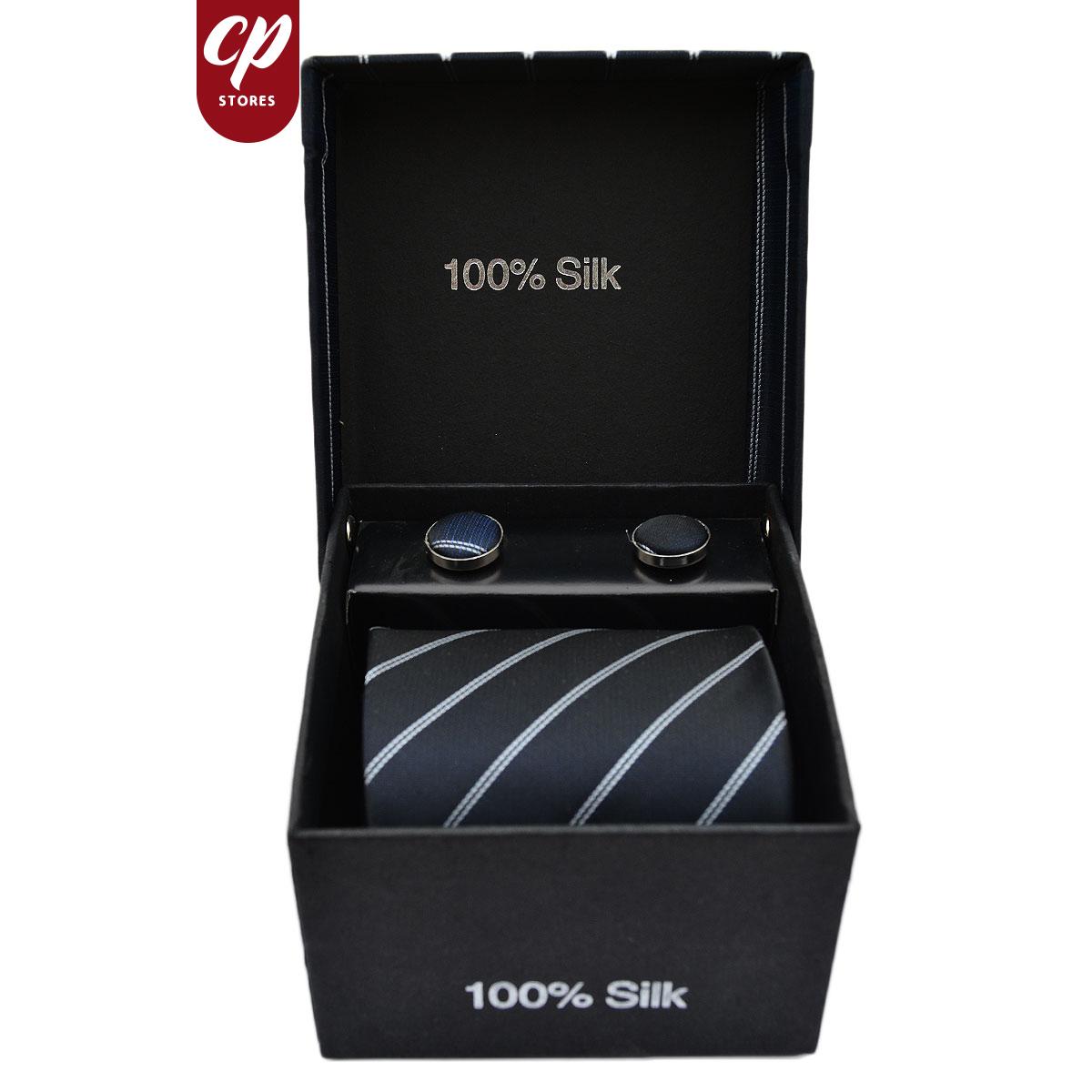 Cut Price Tie Gift Box Set 3 Pcs Tie Cuff-Link Pocket Square Shaded Blue White Lines