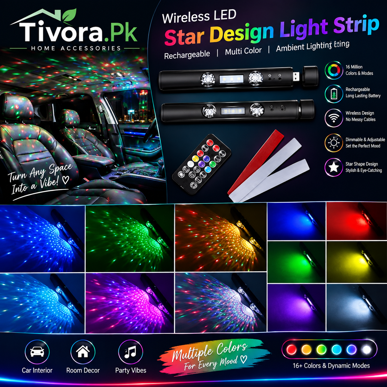 Tivora.Pk -Wireless LED Star Design Light Strip – Rechargeable RGB Neon Car Interior Lights – Multi Color Decorative Ambient Lighting for Car Dashboard, Room & Party Decoration