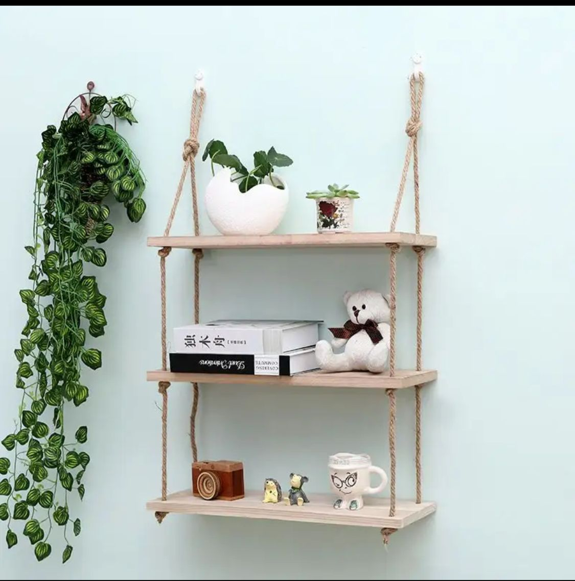 Wall Hanging shelf original wood 1 2 3 & 4 Tier Rope Hanging Shelf Wall ...