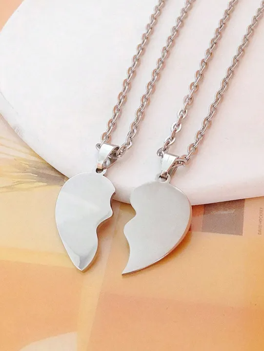Eldorado 2 Piece A classic broken heart locket love Locket with Black and Silver Chain Necklace for Lovers and Best Friends