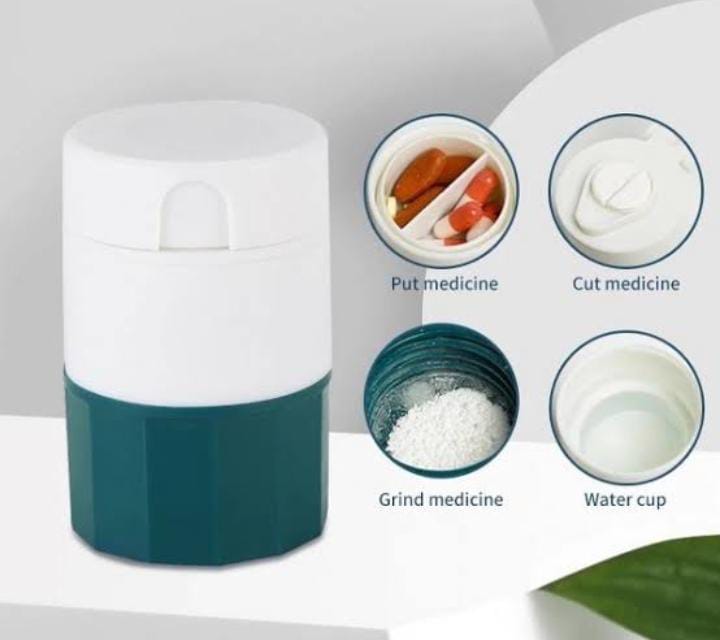 Multifunctional 4 In 1 Portable Round Pill Splitter and Cutter with Powder Crusher | Travel-Friendly Daily Tablet Organizer for Medicine Storage | Compact Design for Easy Carrying | Ideal for Home, Office, and Travel Use | Durable and Convenient Pill Box