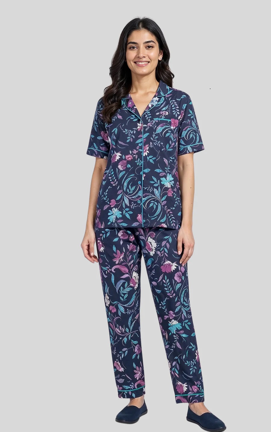 Women Navy Floral Button Down Night Suit | Soft Cotton Loungewear Set for Women | Printed Pajama Set Sleepwear