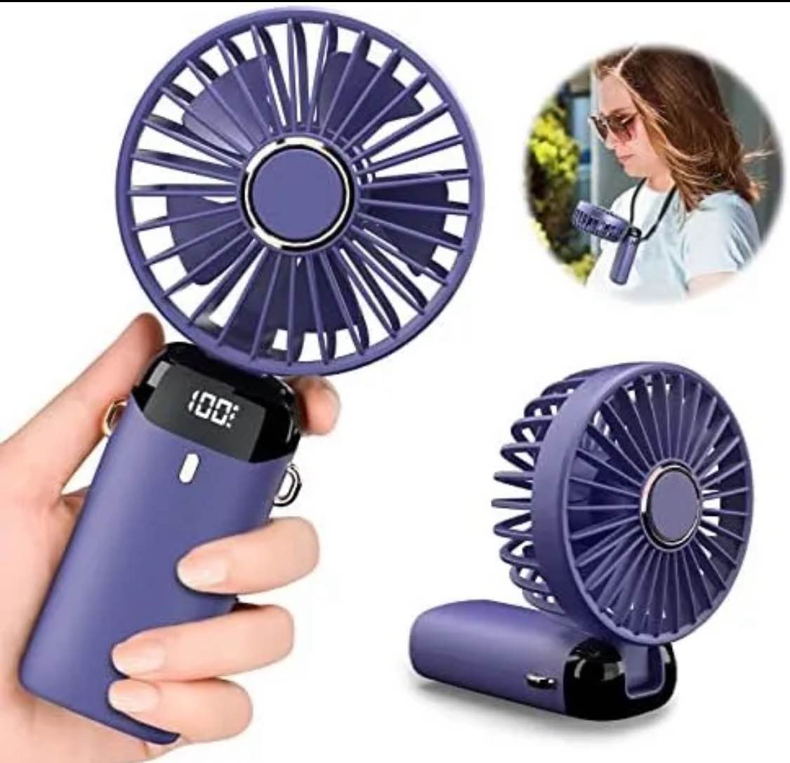 Premium Quality Portable handheld mini Fan 5 Speed Setting LED Digital Display Foldable USB Rechargeable Fan With Phone Stand personal Pocket Fan with layered base for home Quiet Operation Compact Design