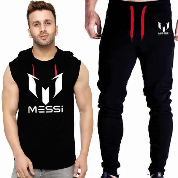 Black Vinyl Dumble Printed Gym Summer Hooded Sleeveless Tracksuit for Mens (Hooded Tshirt + Trouser )