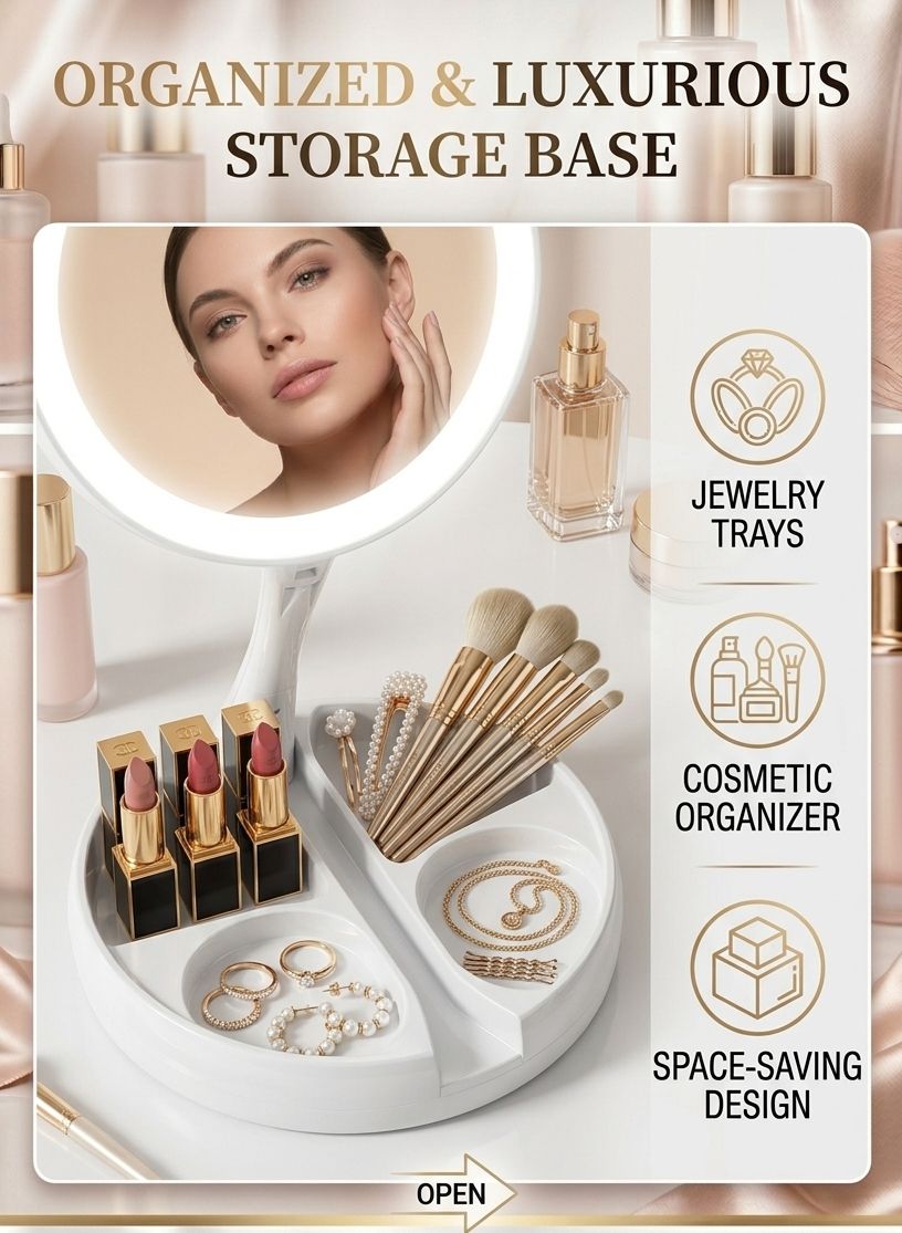 Double Sided Folding LED Makeup Mirror with Light | USB Power & Battery Lighted Vanity Mirror | Foldable Portable Tabletop Cosmetic Mirror with Stand & Storage Tray (1X/10X)