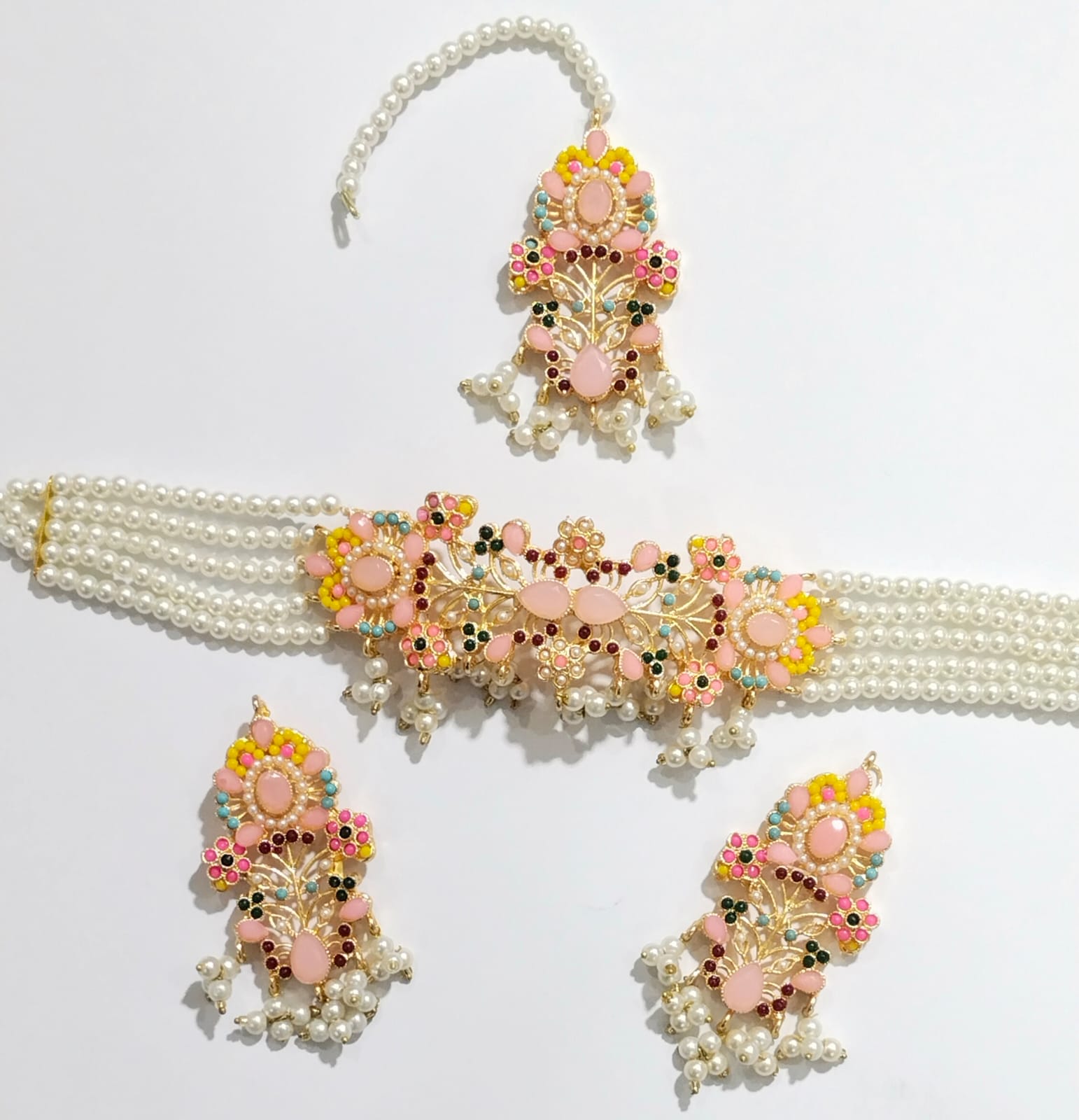 Menakari Style Multicolor Stones With Pearls Necklace / Chokkar Set/ Jewellery Set For Girls & Woman