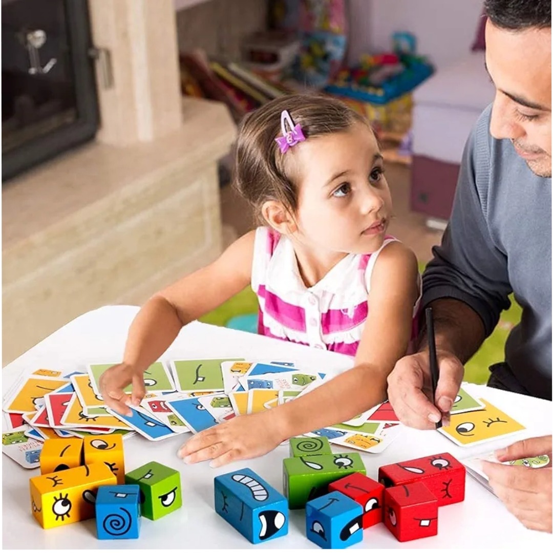 Popular Montessori Wooden Crazy Face Puzzle Game With Bell Educational Face Changing Cube Card Game