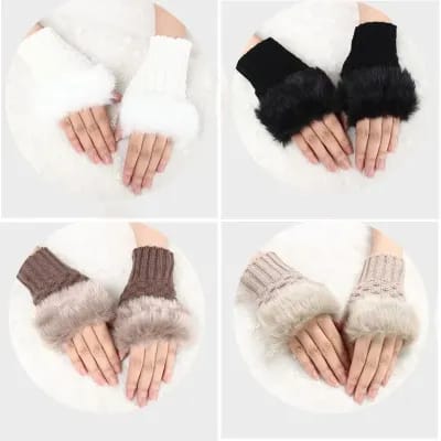 Fashion Women Faux Rabbit Fur Hand Wrist Warmer Winter Fingerless Knitted Gloves