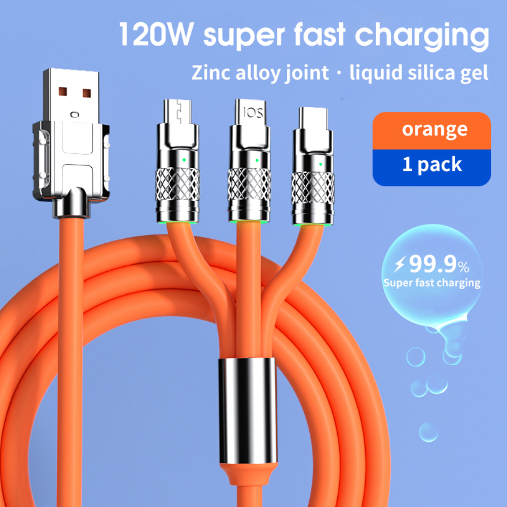 3 In 1 Super Fast Charging Cable Silicone Type C Micro And Lightning 120w Usb Cable Zinc Metal Alloy Mobile Phone Data Cable For Mobile
