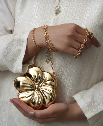 Most Trendy Mini Flower clutch Metallic / Acrylic Clutch With Long Chain For Women & Girls