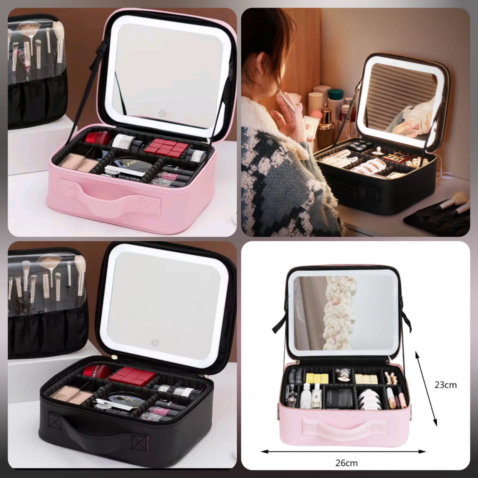 k/Smart Led Cosmetic Makeup Organizer /Travel Makeup Bag with LED Lighted Makeup Case with Mirror, 3 Color Settings Cosmetic Makeup Box Organizer Cosmetic Case for Women Beauty Tools Accessories Rechargeable, Pink, Modern