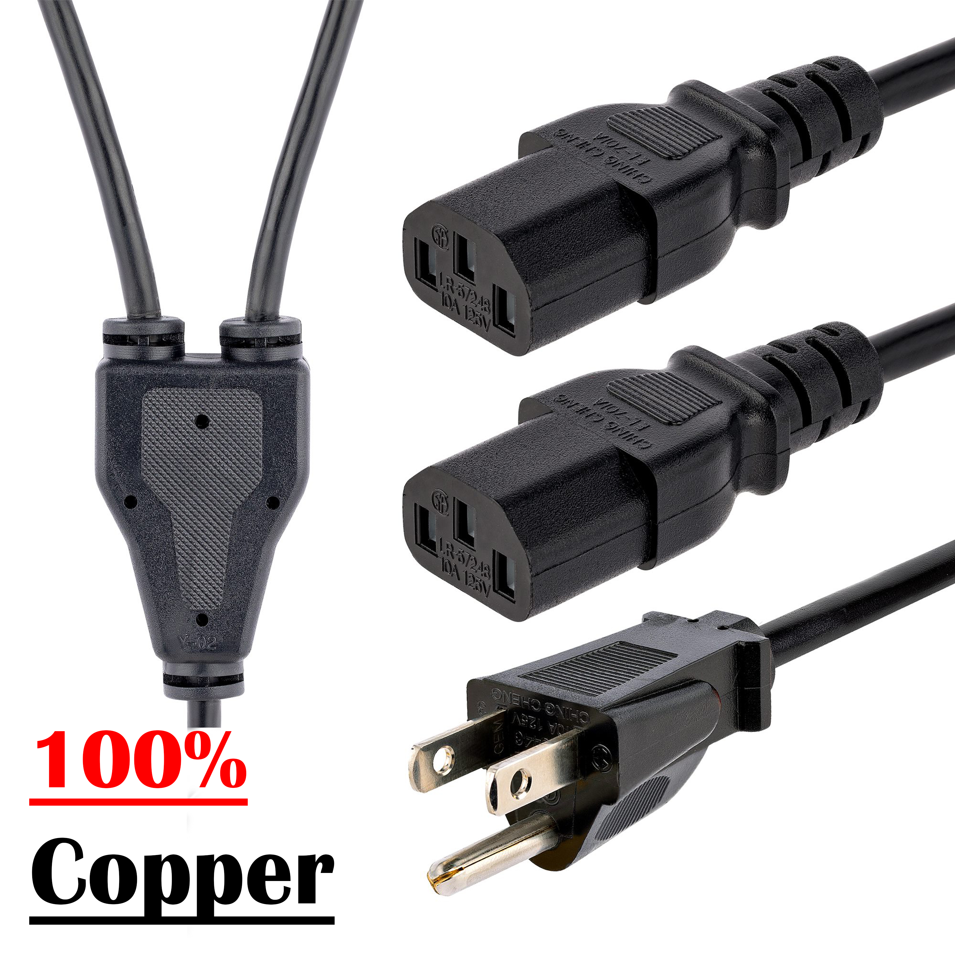 Y Shape Power Cable 2 in 1 for PC and Workstations -  High Quality Y Power Cord Power Splitter Cable for Computers and Monitors - 2 in 1 Power Cable for Computer 100% Pure Copper Cable - Power Cord Cable 2 in 1