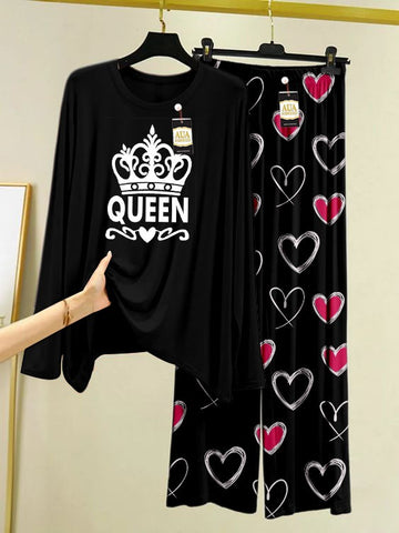 Queen Printed  Heart Printed Trouser Lounge wear Nightwear Sleepwear With Heart Prinred Trouser For Women By Zavi Wear