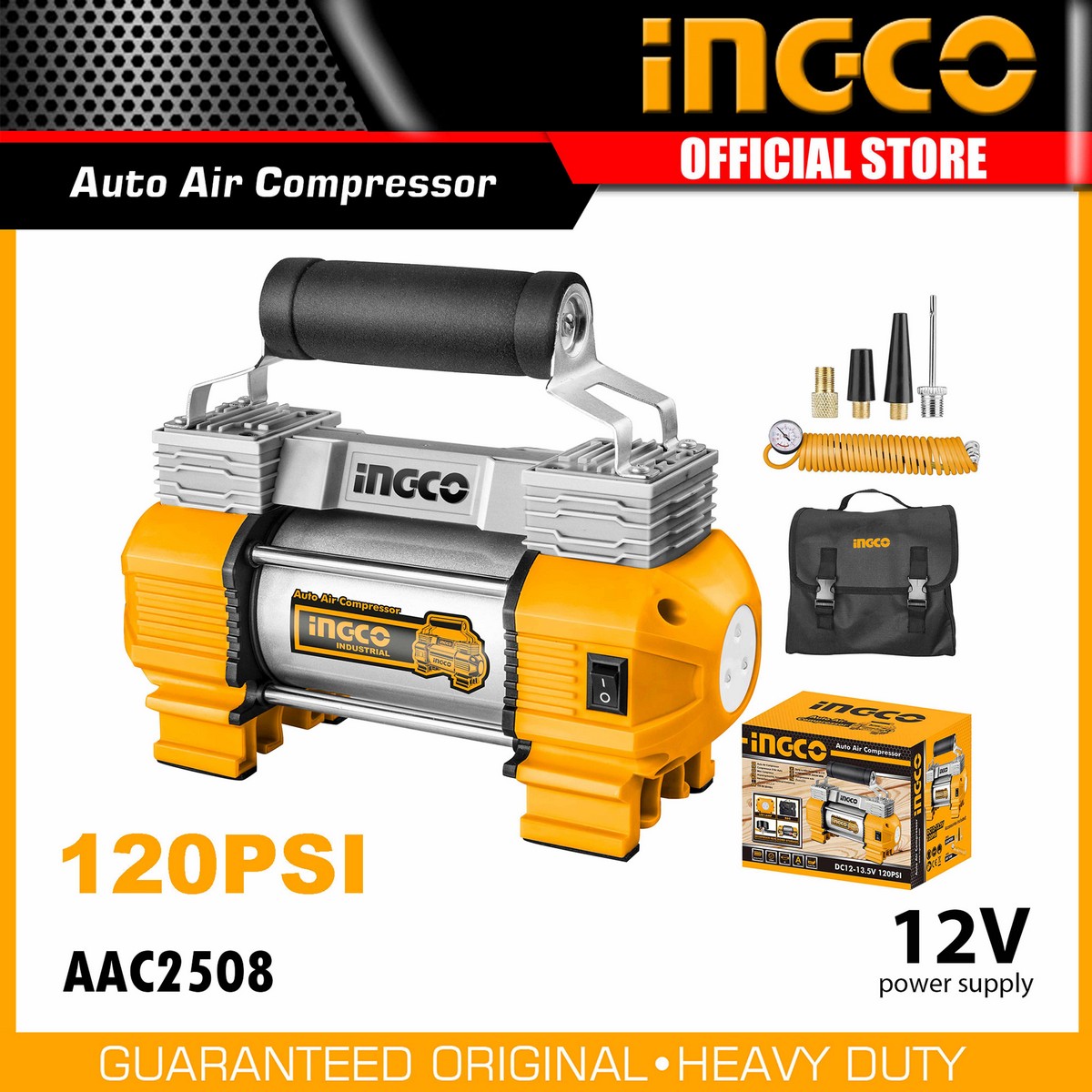 Ingco Heavy Duty 2X Cylinder Car Auto Air Compressor with Light & Tyre