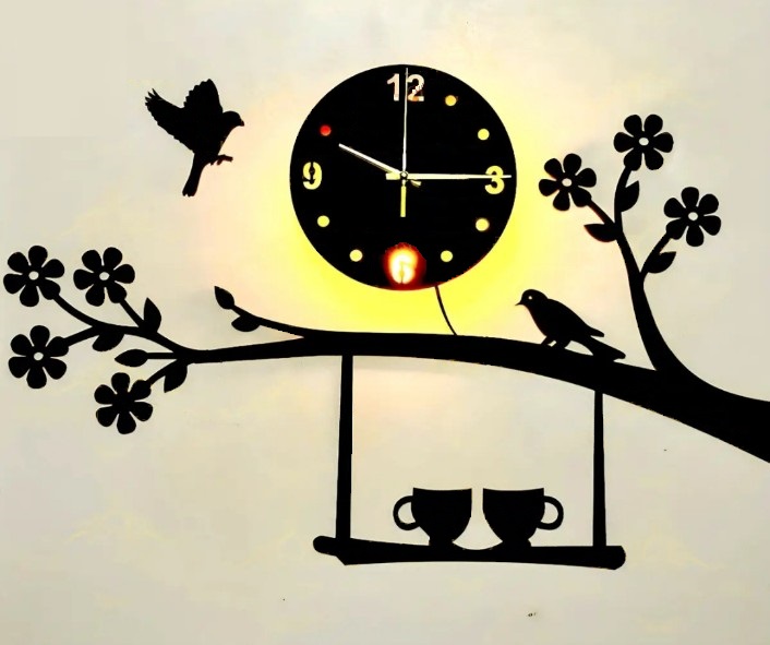 LED Wooden Wall Clock Modern Tea Cup Design with Flower and Birds, Home Decor