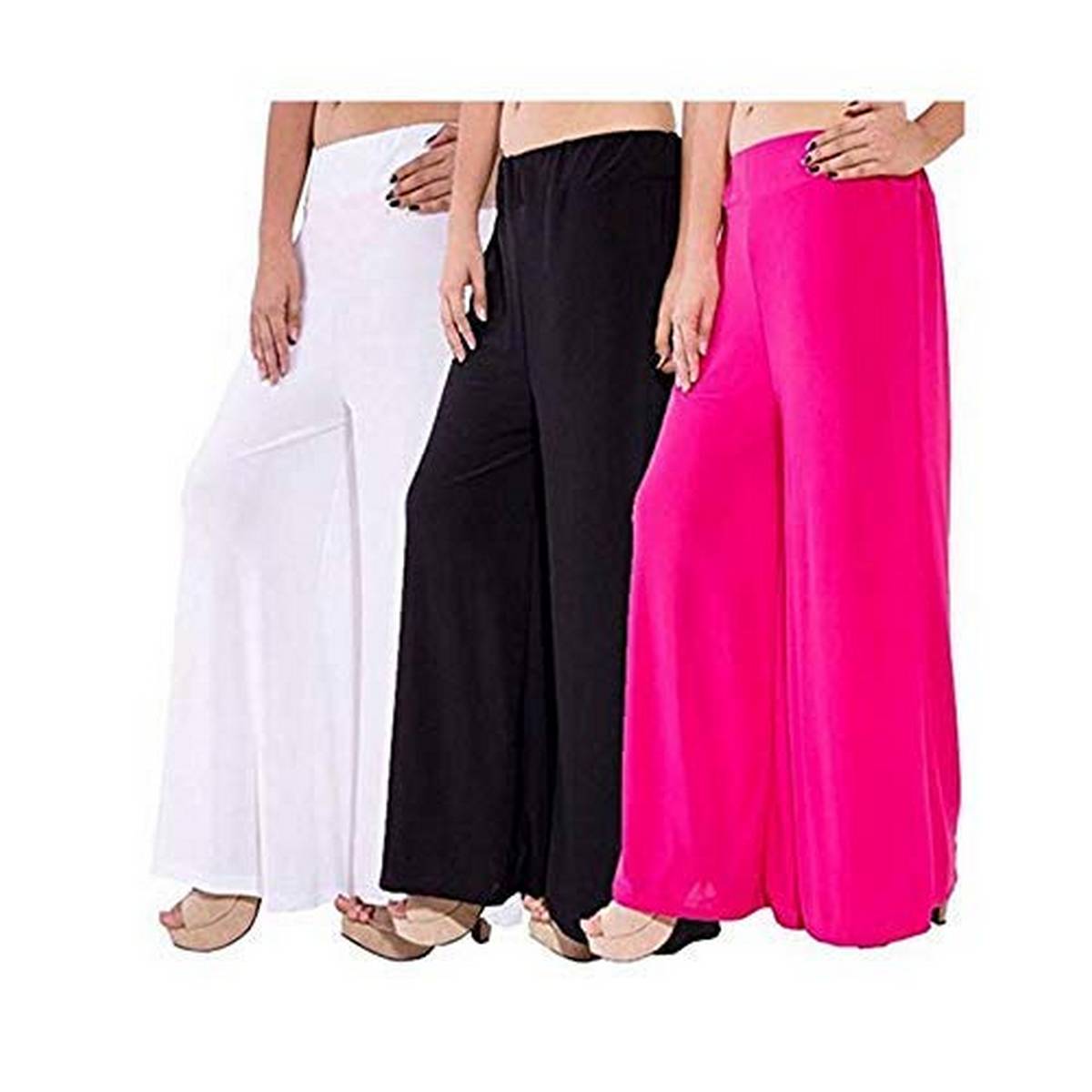 Pack Of 3 Viscose Long Palazzo Pants for Women (Pink-Black-White)