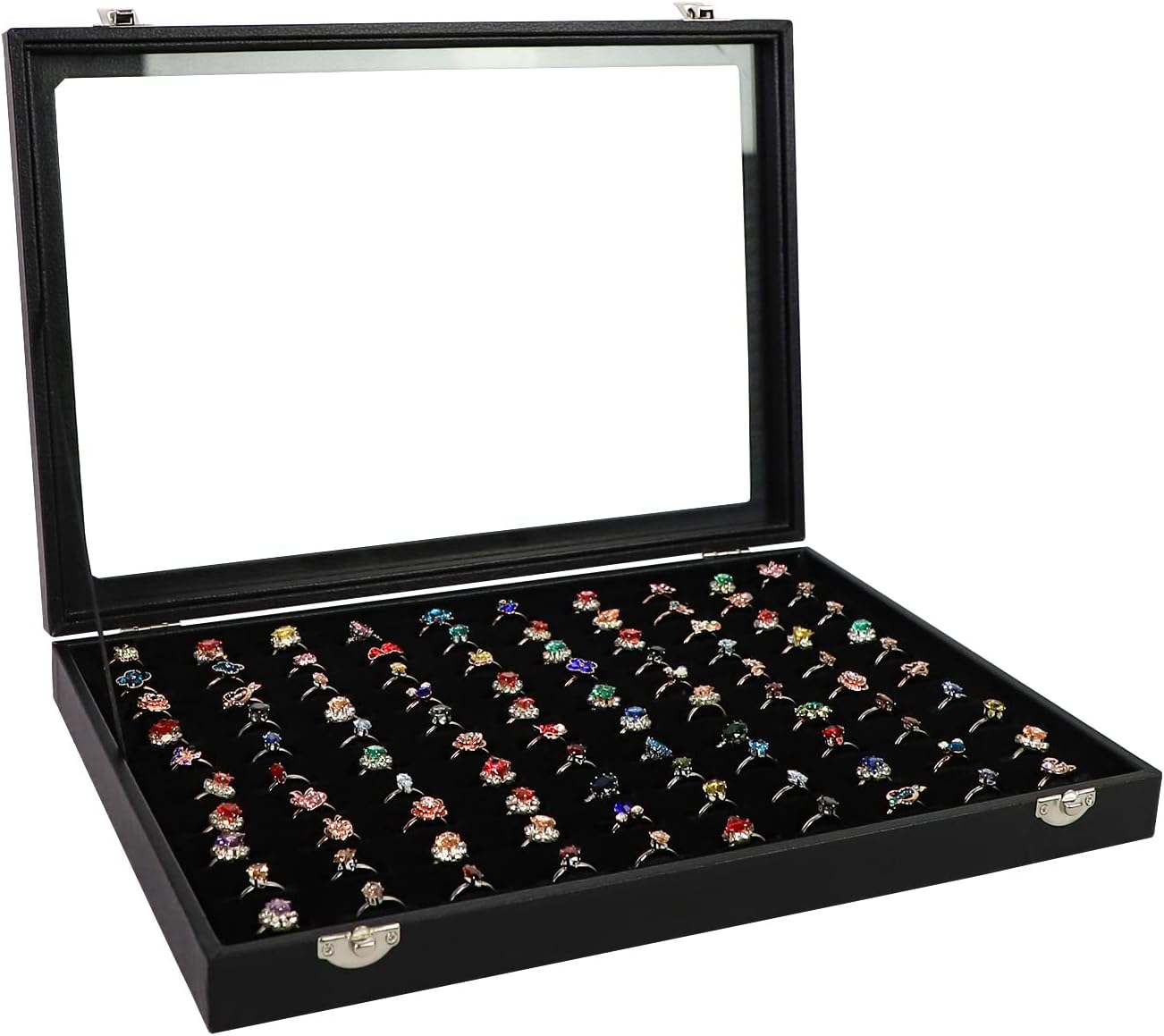 100 Slots Ring Display Case,Black Jewelry Holder Organizer with Transparent Lid,Ring Boxes for Multiple Rings,Gift for Girls Women(ring organizer)