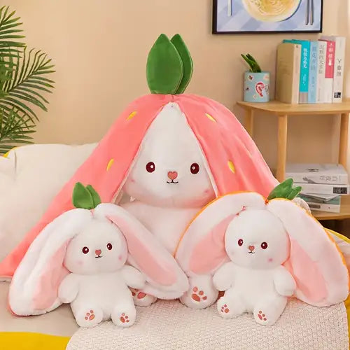 Bunny Stuffed Animal Plush Reversible Strawberry Bunny Plush Doll With Zipper Cute Room Decoration Toy For Kids Gift.