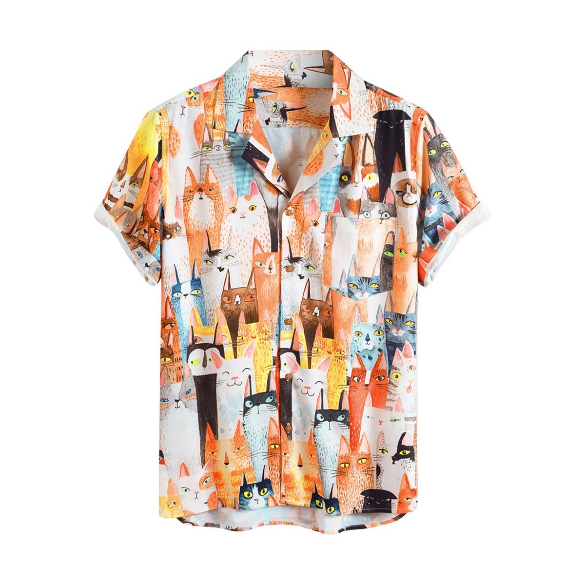 Men Hawaiian Shirt Cat Print Short 