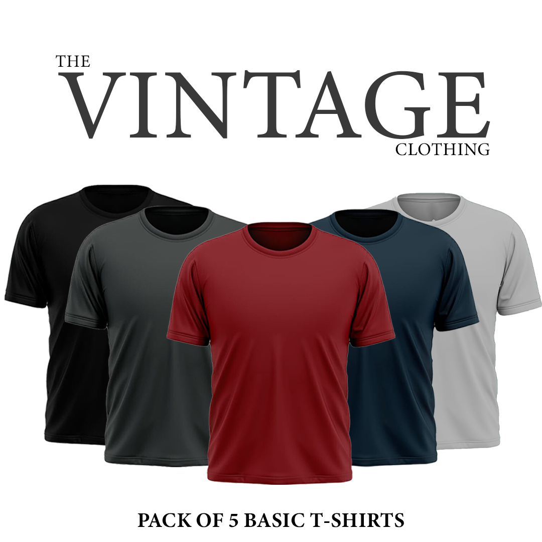 The Vintage Clothing Pack of 5 plain half sleeves T shirts for men
