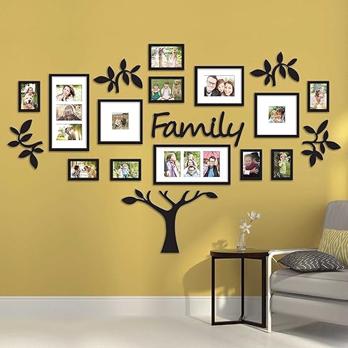 Family Tree Wall Decor with 10-12 MDF Frames, Black Laminated Home and Kids Room Decoration, Gifting Idea (30-40 inch Coverage)