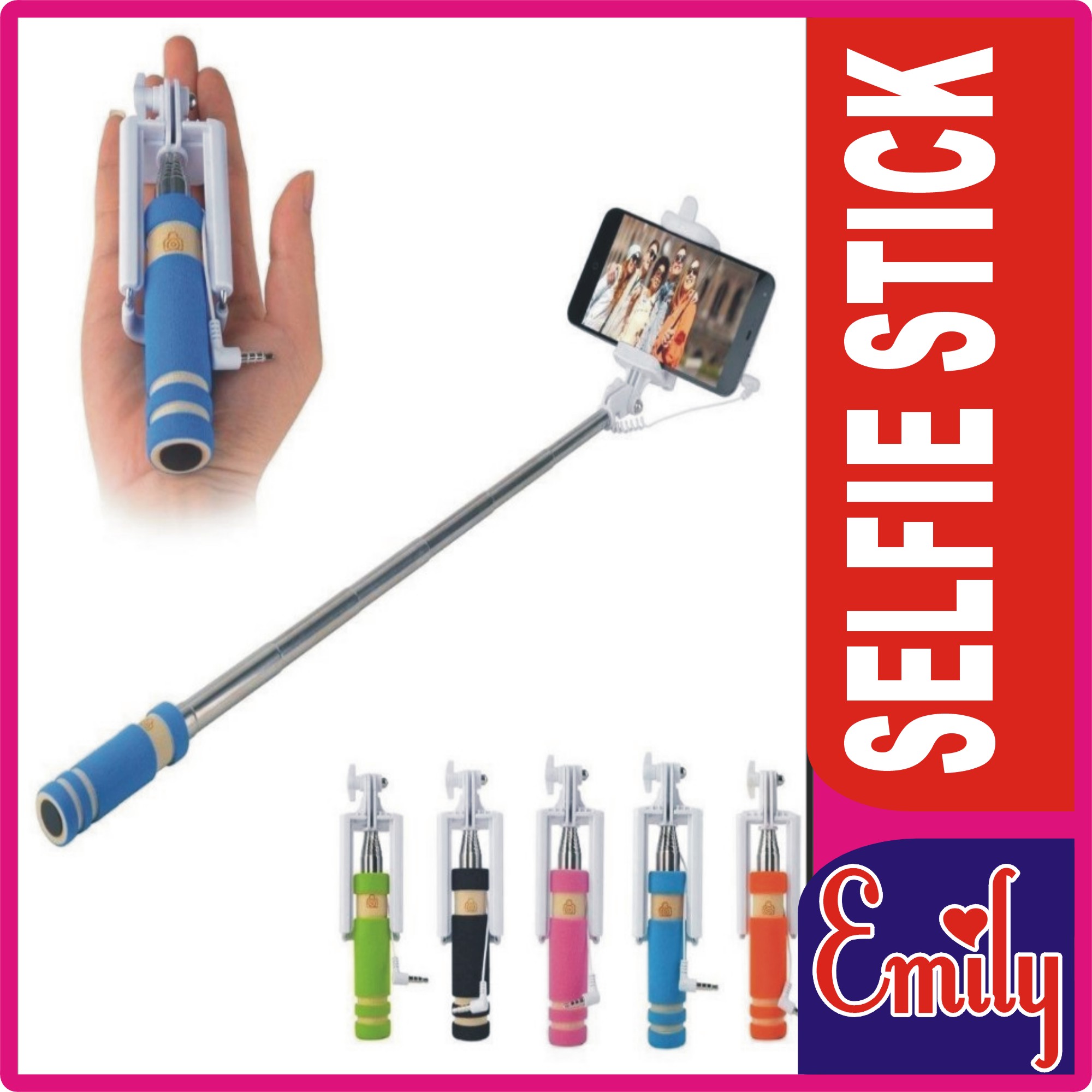 Emily Selfie Stick For Smartphones Selfie Stick With Extendable Audio Cable Wire - Black color Selfie Stick For Smartphones & Digital Cameras steel rod made high quality 50cm extendable arm constructed to take selfies Image Stabilizer Universal fitSpecial