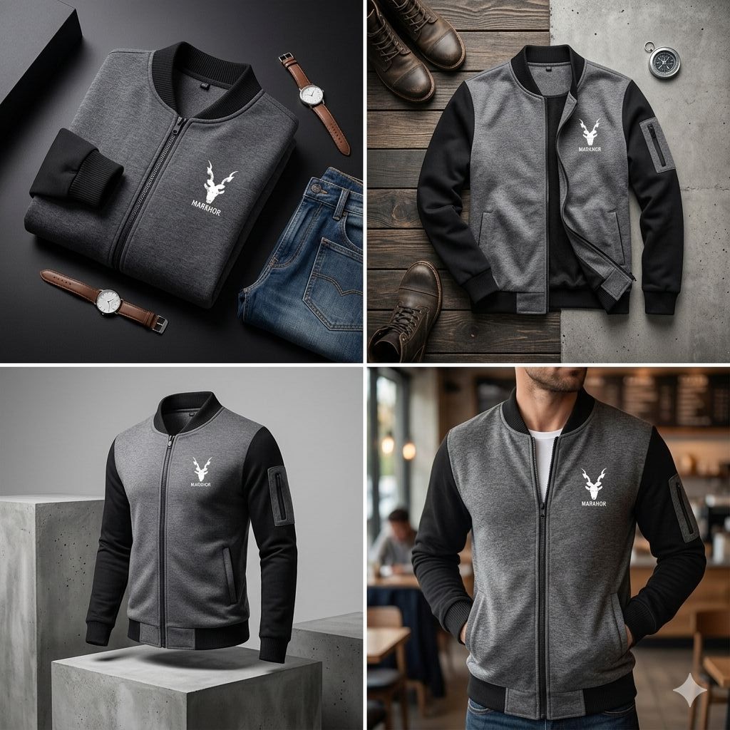 Markhor Premium Bomber Jacket for Men – Charcoal Grey & Black Two-Tone Sweatshirt – Casual Slim Fit Full Zipper Jacket for Winter, Sports & Gym Wear