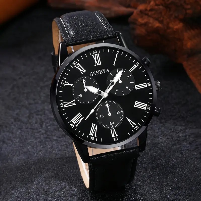 4 Pcs Men Women Fashion Watch Set Quartz Round Dial Roman Numeral Watch Necklace Bracelet Ring Gift Set