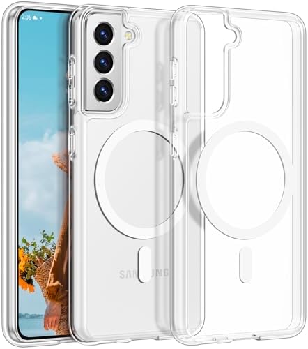For Samsung Galaxy S21 Case, Compatible with Magnetic, Classic Crystal Clear Slim Shockproof Protective Phone Cover for Samsung S21 5G with Transparent Hard PC Back, White Magnetic Ring