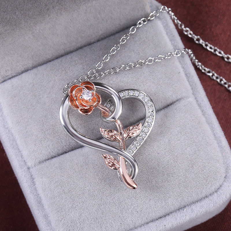 Heart & Rose Crystal Pendant Necklace for Women – Rose Gold & Silver Luxury Fashion Jewelry Gift