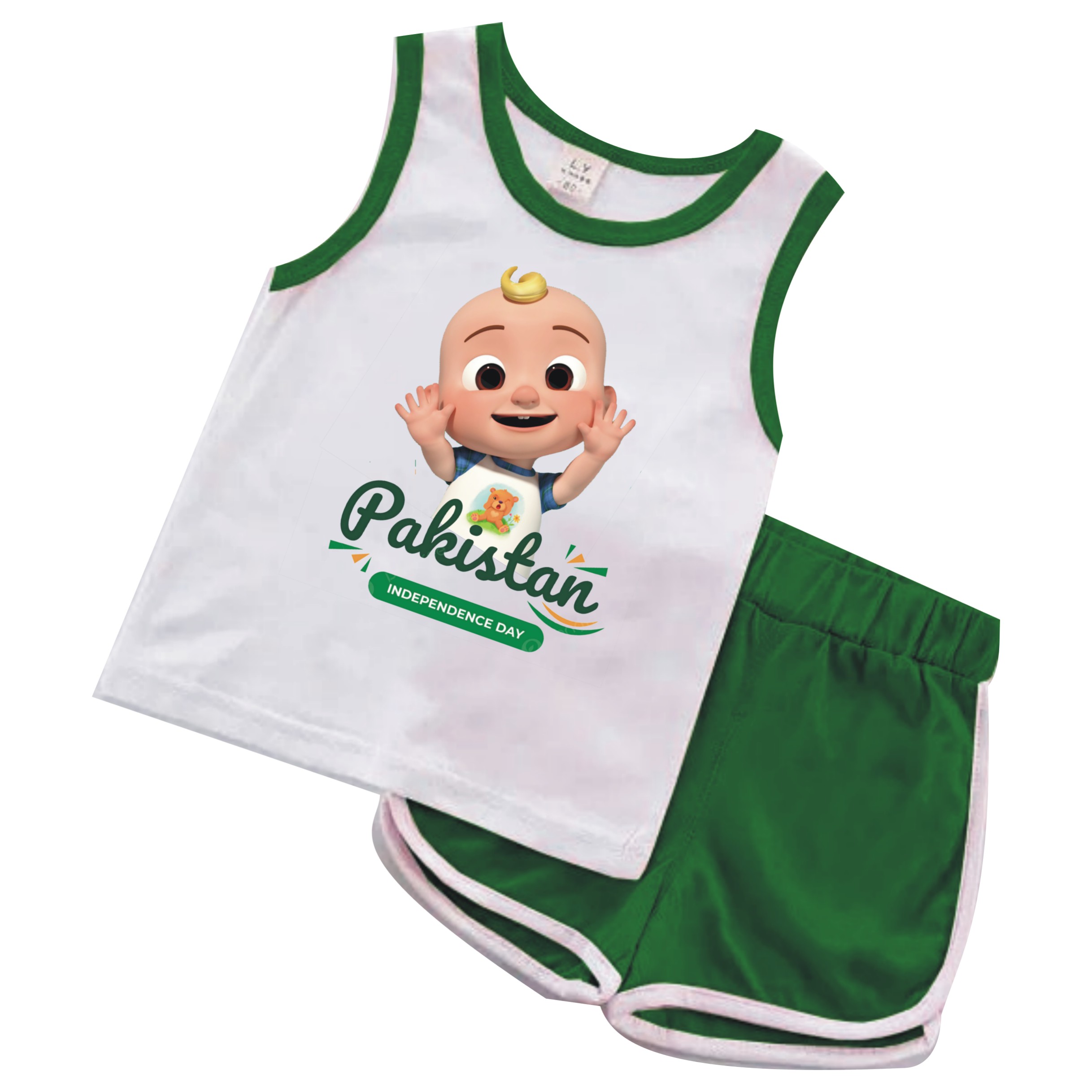 14 AUGUST TSHIRT & SHORT FOR KIDS - GREEN & WHITE