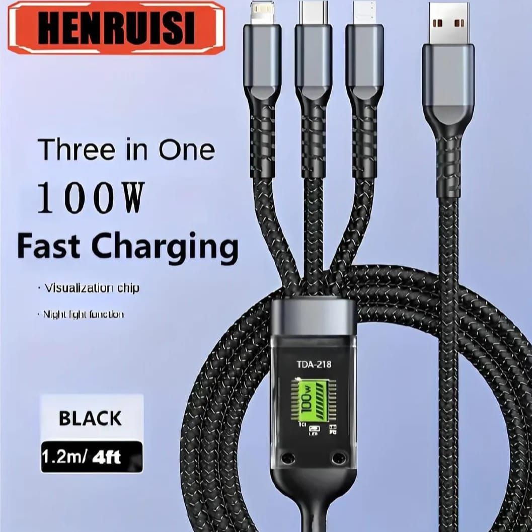 Product details of 100W Fast Charging Cable Multi Charger Cable Nylon Braided Multiple USB Universal 3 in 1 Charging Cord Adapter with Type-C Micro 100W Fast Charging Cable price in Pakistan