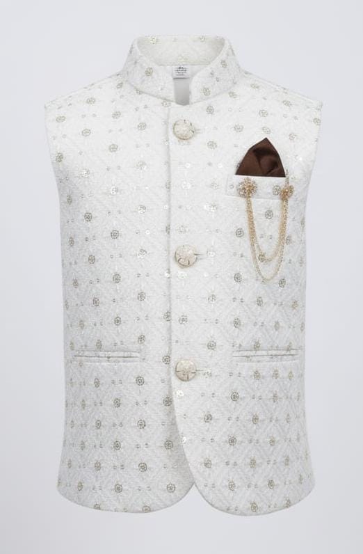 WHITE Embroidered SEQUIN WAIST COAT With Brooch For Kids & Mens | Wedding Special | Premium Quality Waistcoat | Wedding Special | Premium Quality Waistcoat-All Size Available Here