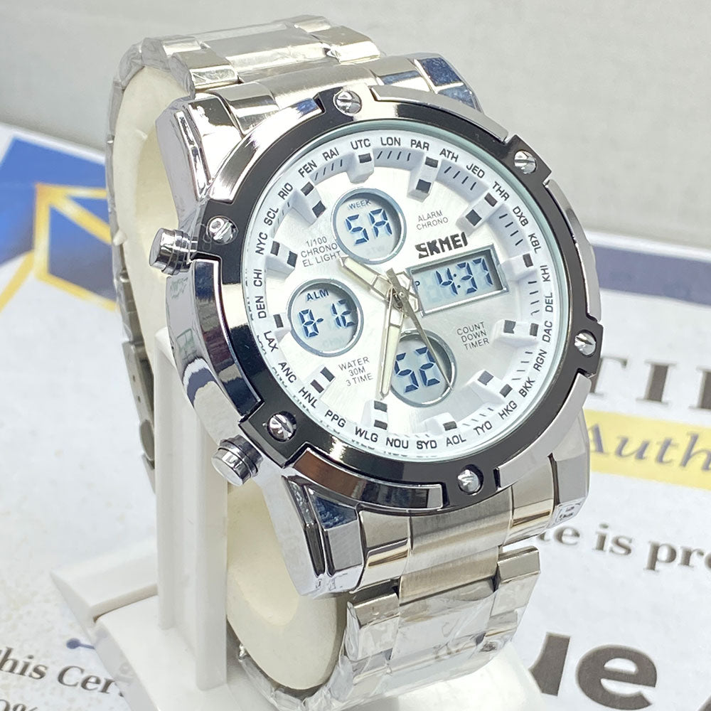 SMK 1389 Dual Time Analog and Digital Chain Watch for Men with Stainless Steel Case Date Day Alarm Stopwatch Luminous Hands LED Light and Waterproof Design