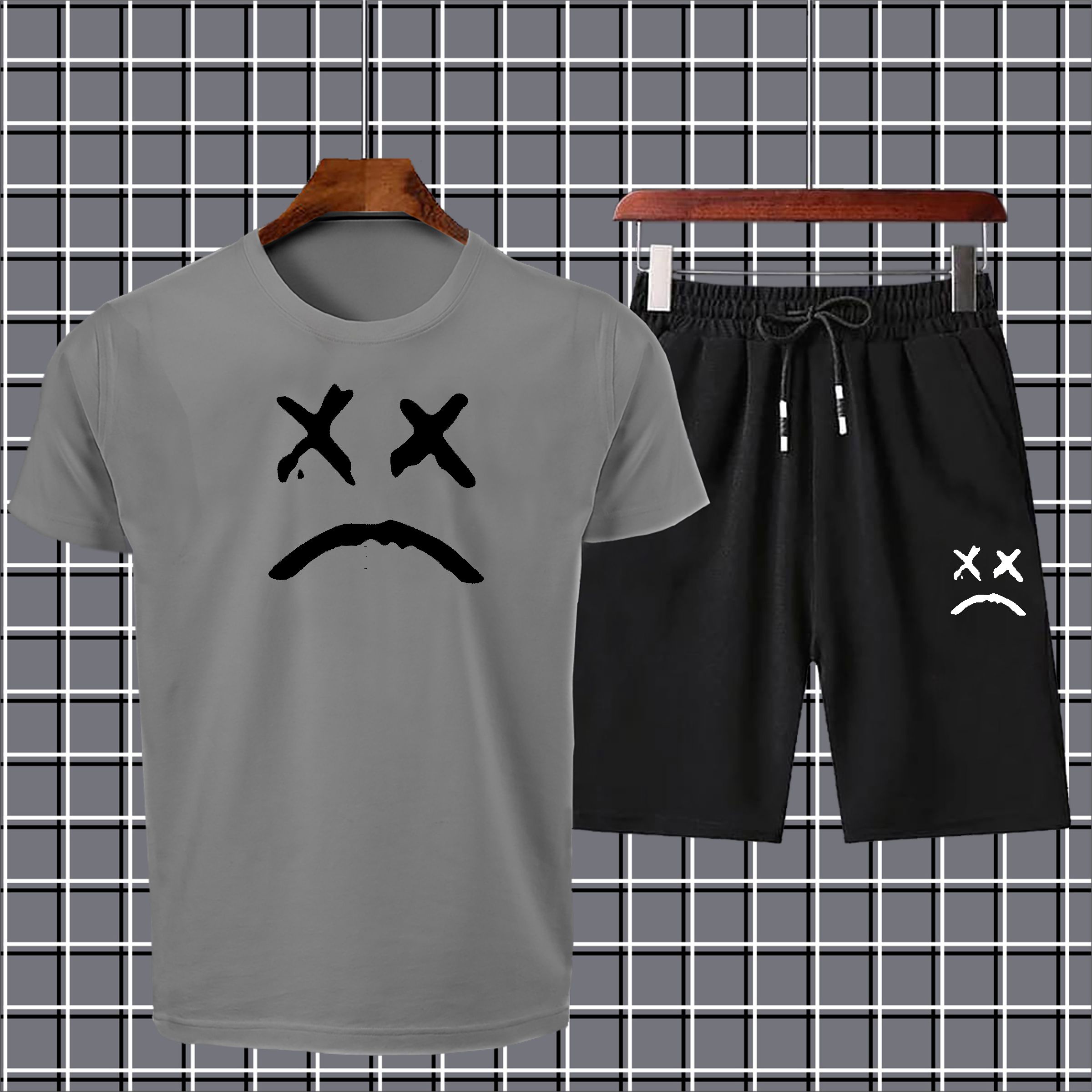 Sad face printed summer short tracksuit premium quality soft & comfortable fabric gym wear Tshirt+short tracksuit for men&boys
