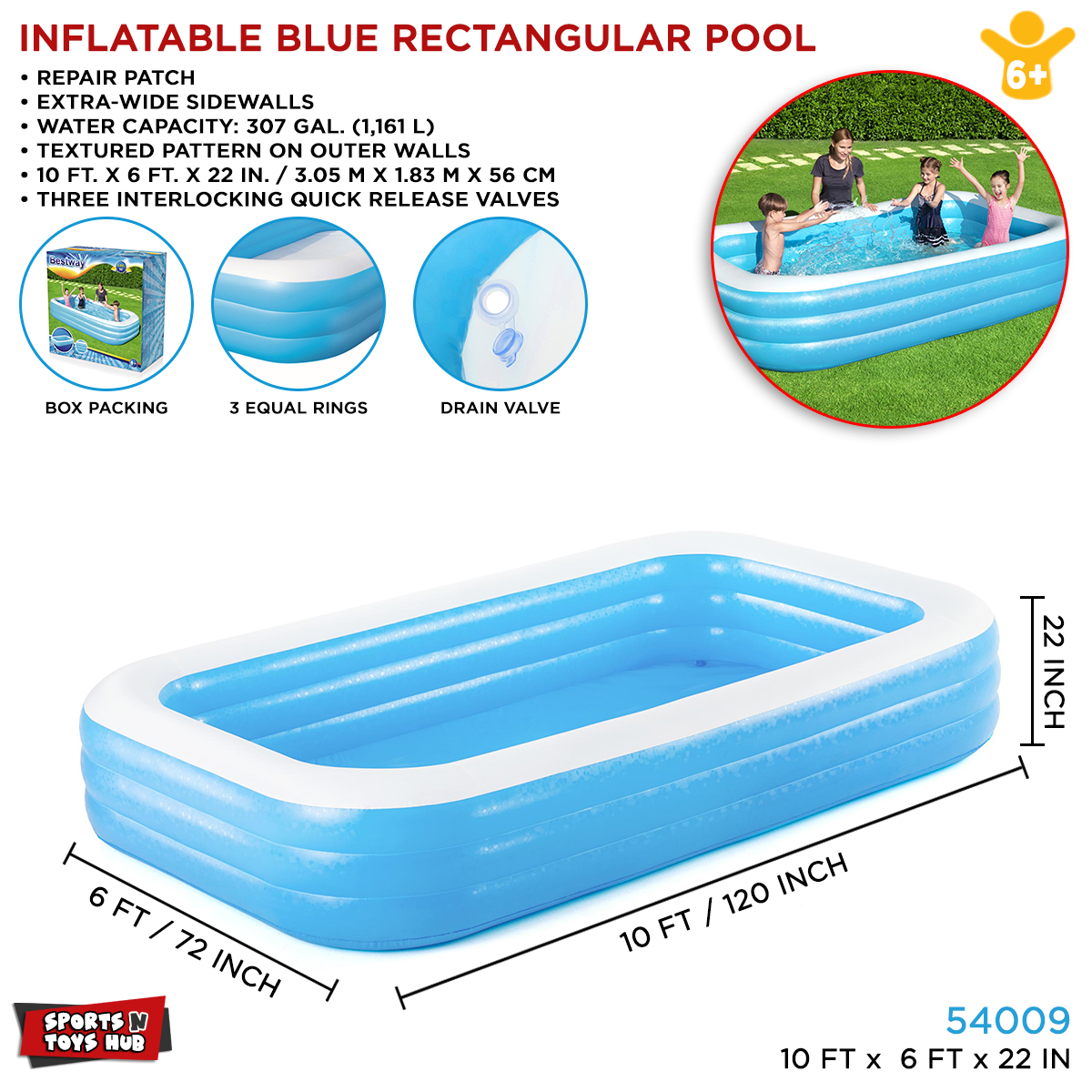 10 Feet Swimming Pool For Kids Rectangle Bestway 10 foot Inflatable ...