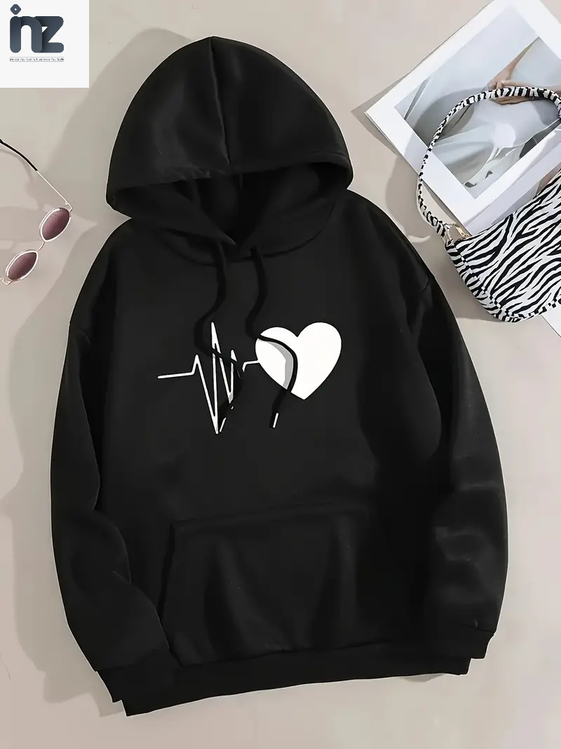 Women's Heart-Print Pullover Hoodie | Long Sleeves, Hood and Front Pocket | Multiple Designs | S-XL