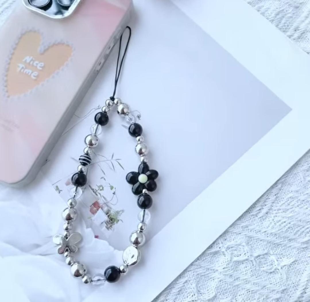 Colorful Flower Beaded Mobile Phone Charm Strap Chain Lanyard Women Girl Jewelry Phone Holder Beads Pendant Cherry - Mobile Cover Chain- Black